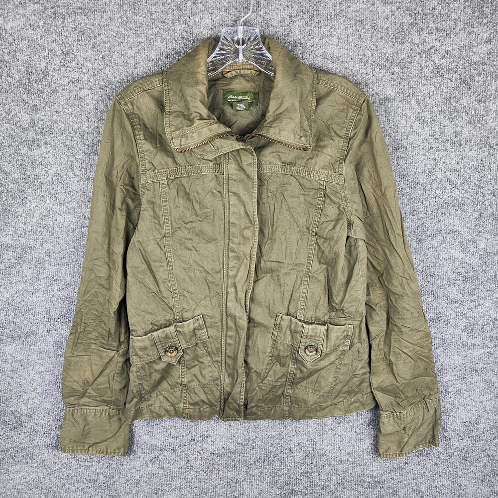 Eddie Bauer Jacket Womens Small Green Cotton Twill Military Belted Zip Pockets